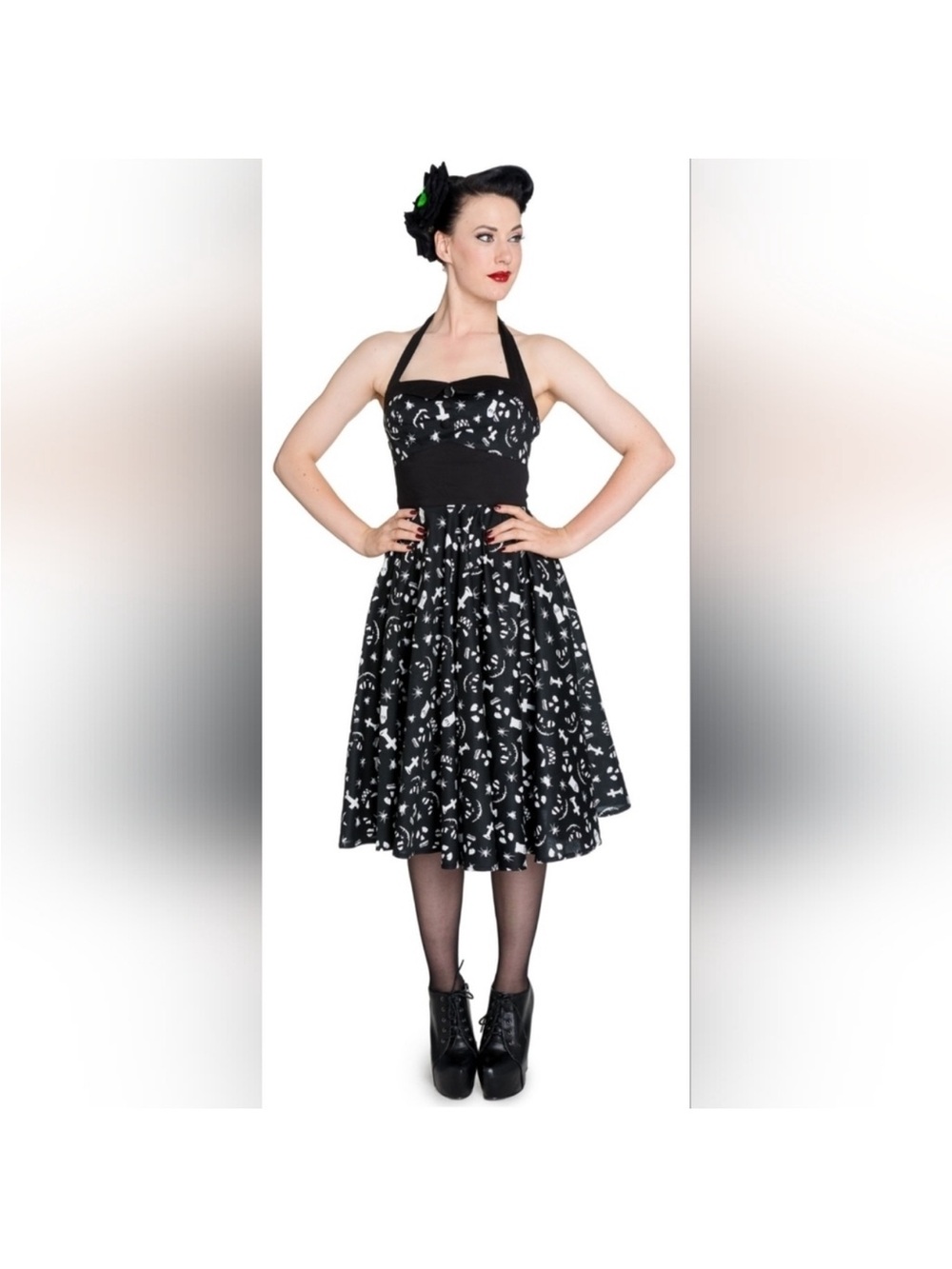 Hell Bunny Black wi White Grave Stones Spiders Faces Halter Dress XL